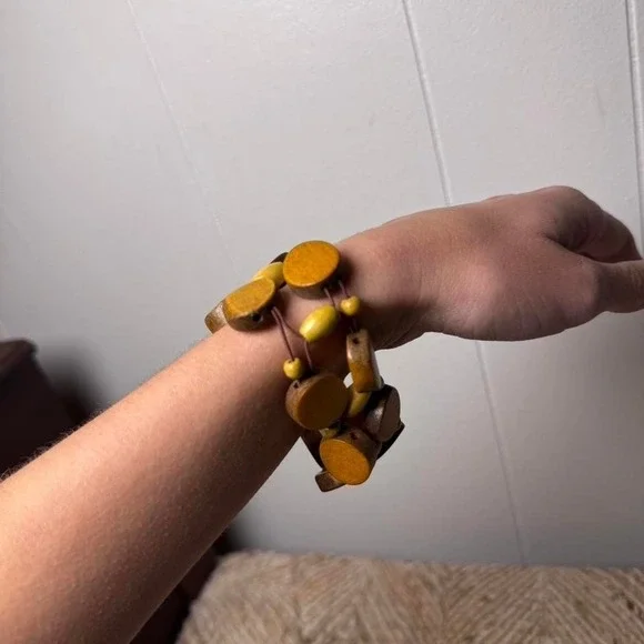 Boho Wooden Disc Stretch Bracelet Earthy Brown Olive Green Beaded Statement - Picture 4 of 8